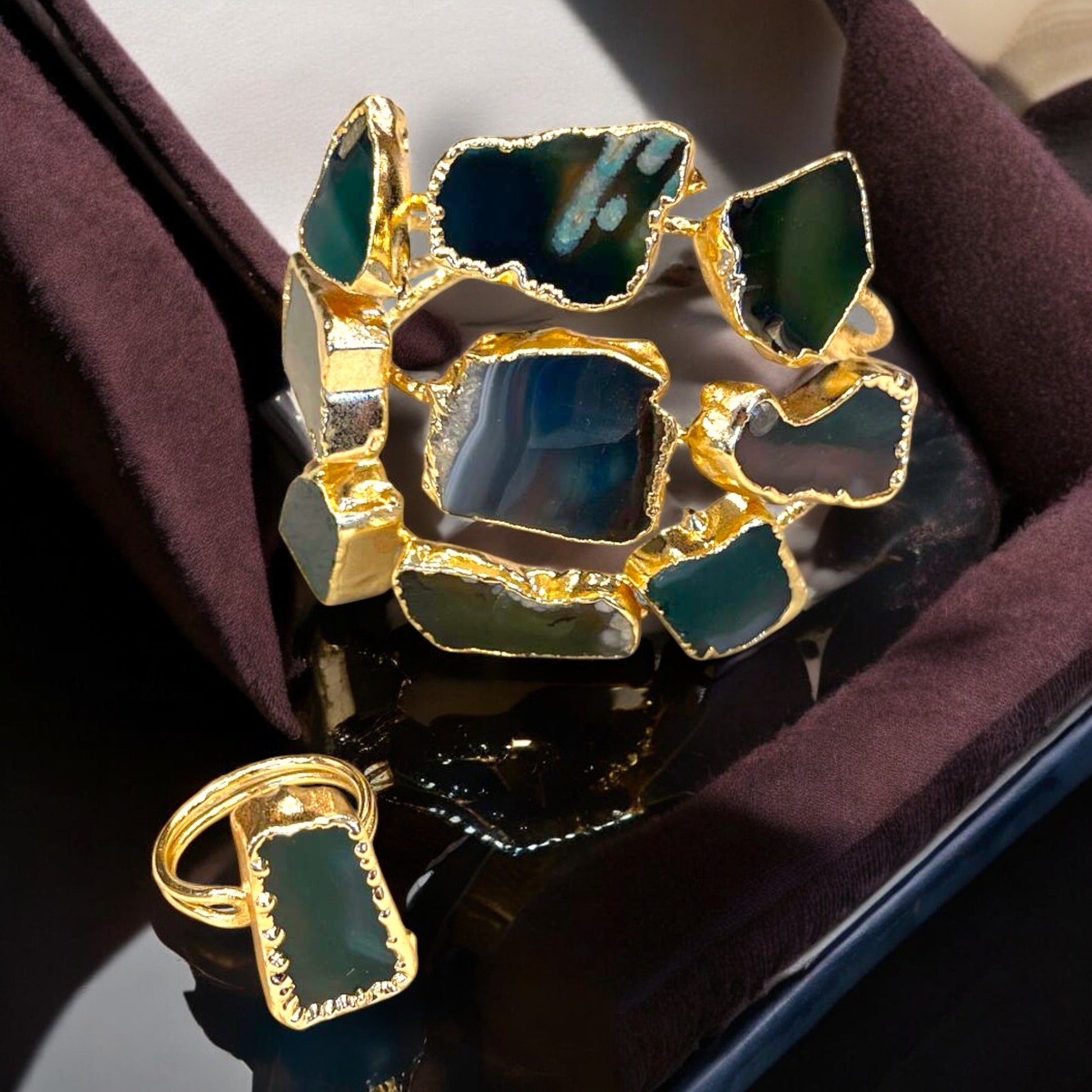 Handmade Gold-Plated Chunky Raw Agate Cuff Bracelet and Ring Set | Bohemian Bold Statement Gemstone Jewelry | Natural Stone Bracelet & Ring, Handmade In Turkey - Glam Duchess
