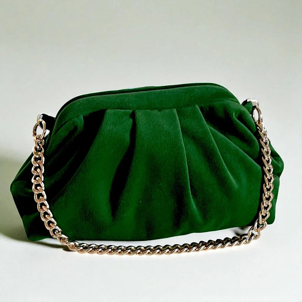 Emerald Green Velvet Clutch Bag | Vintage-Inspired Evening Purse | Soft Pleated Fabric Handbag | Elegant Formal Party Bag - Glam Duchess
