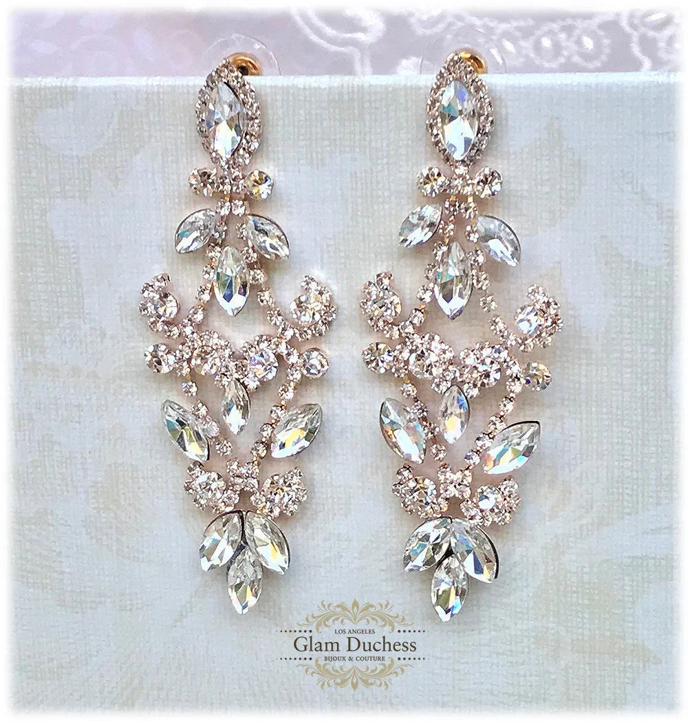Bridal Chandelier Earrings, Bridesmaid Earrings, Prom Earrings, Bridesmaid Jewelry, Silver Rose Gold Bridal Earrings, Drop Earrings - Glam Duchess
