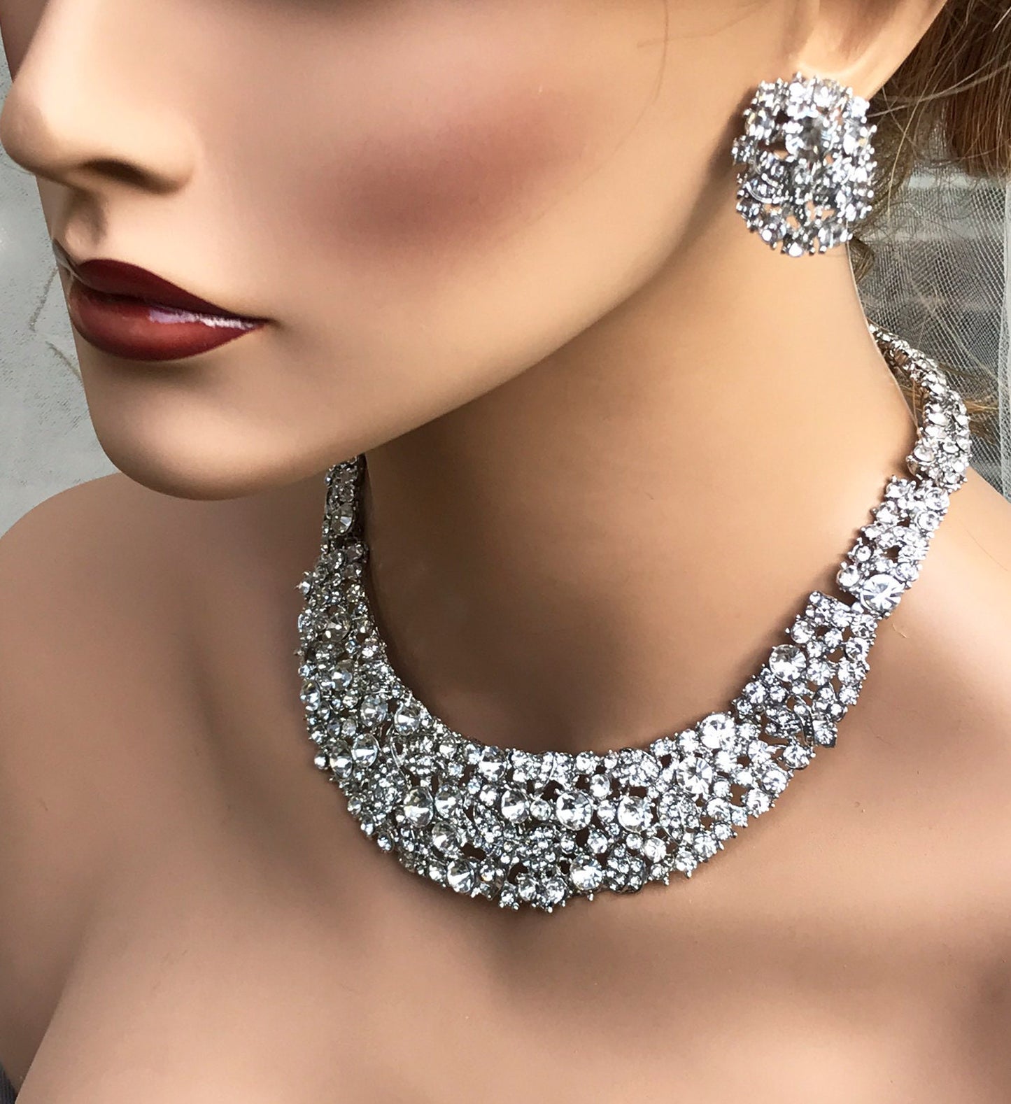 Gold Rhinestone Bridal Jewelry Set - Chunky Statement Necklace Earrings Bracelet