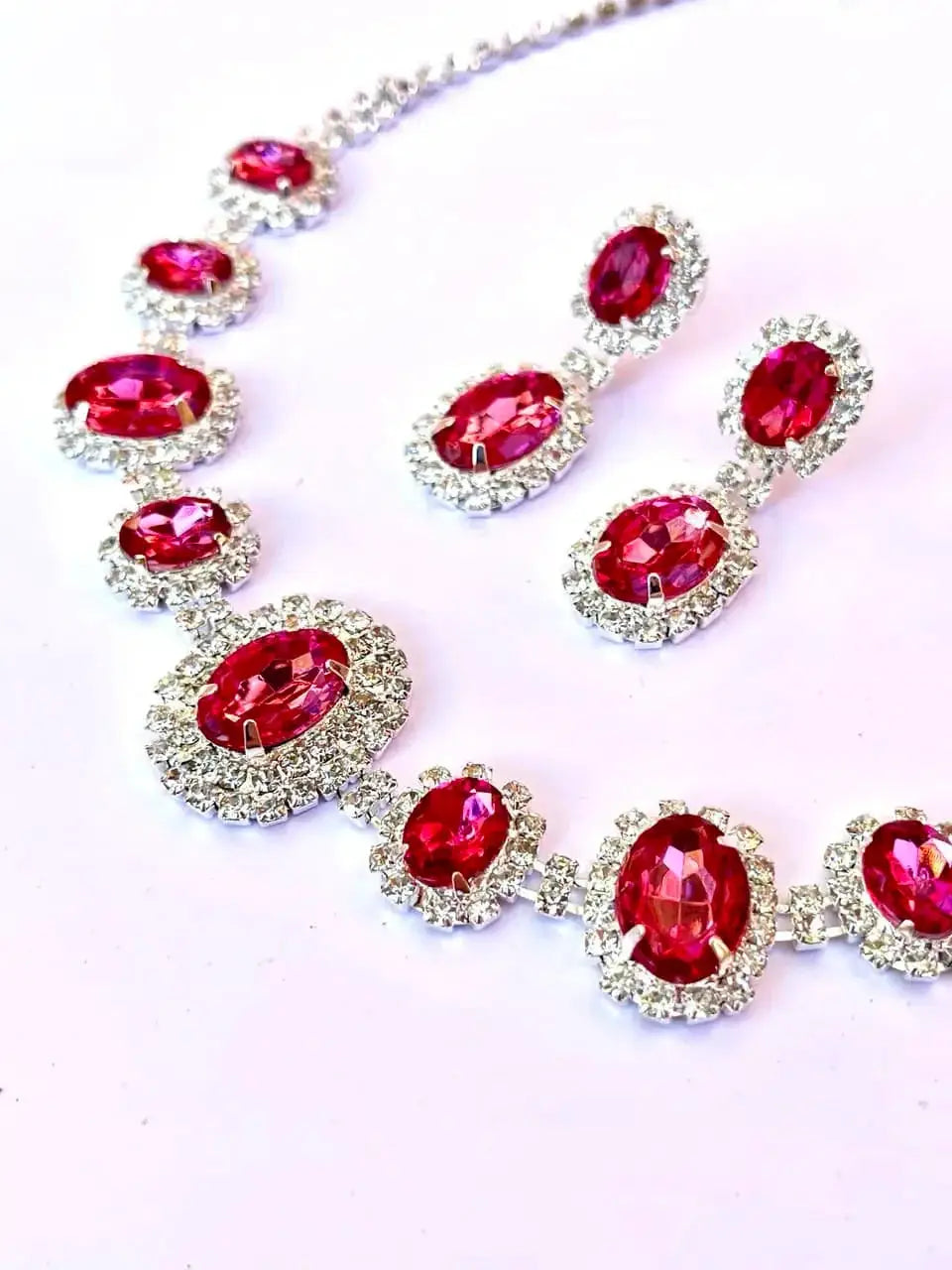 Fuchsia Rhinestone Necklace - Sparkly Jewelry Set with Oval Cut Crystals & Elegant Drop Earrings by Glam Duchess (hot-pink-fuchsia-rhinestone-necklace-and-earring-set)