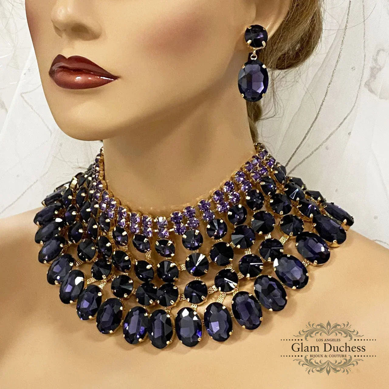 Chunky Purple Crystal Bib Necklace Statement Earrings Wedding Jewelry Set - Glam Duchess