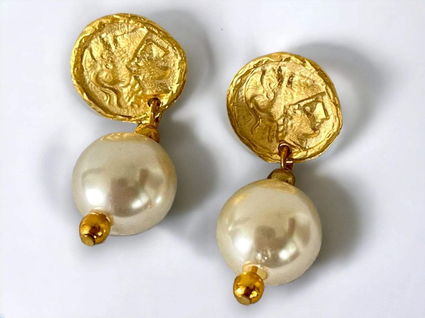 Gold Plated Pearl Dangle Earrings - Handmade Byzantine Greek Coin Drop Earrings, Handmade In Turkey - Glam Duchess