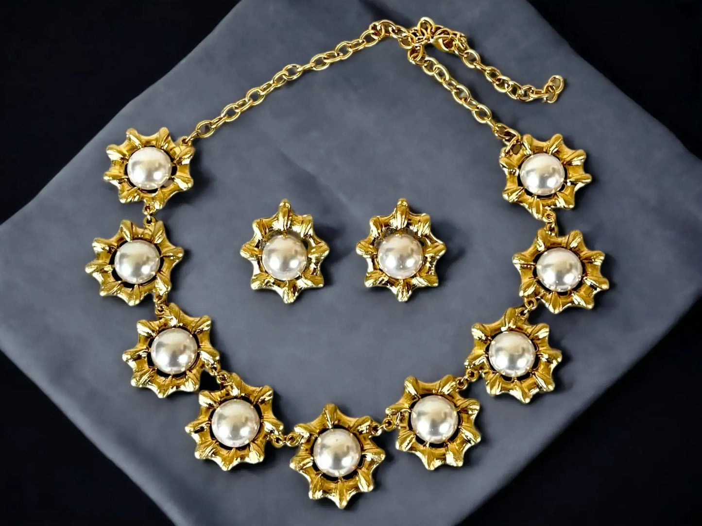 Gold Pearl Jewelry Set – Starburst Statement Necklace Set with Pearl Earrings by Glam Duchess (18-k-gold-plated-textured-chunky-statement-choker-necklace-earrings-set-copy)