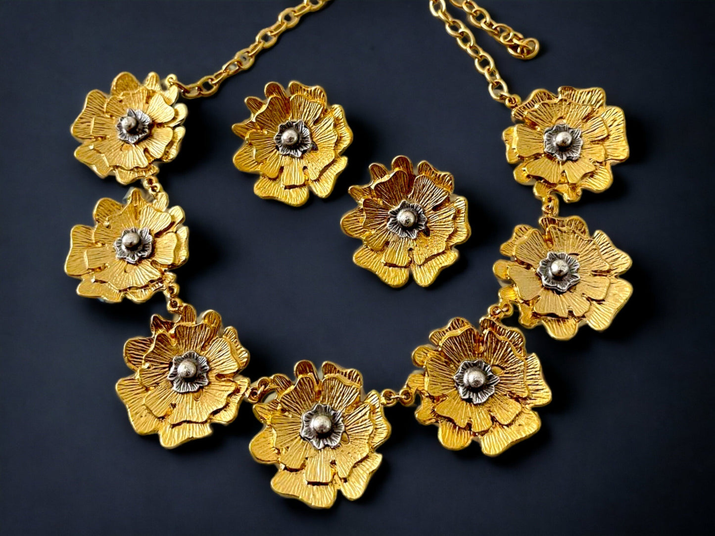Gold Plated Flower Necklace Earrings Set - Handmade Unique Jewelry Gift for Her, Handmade In Turkey - Glam Duchess