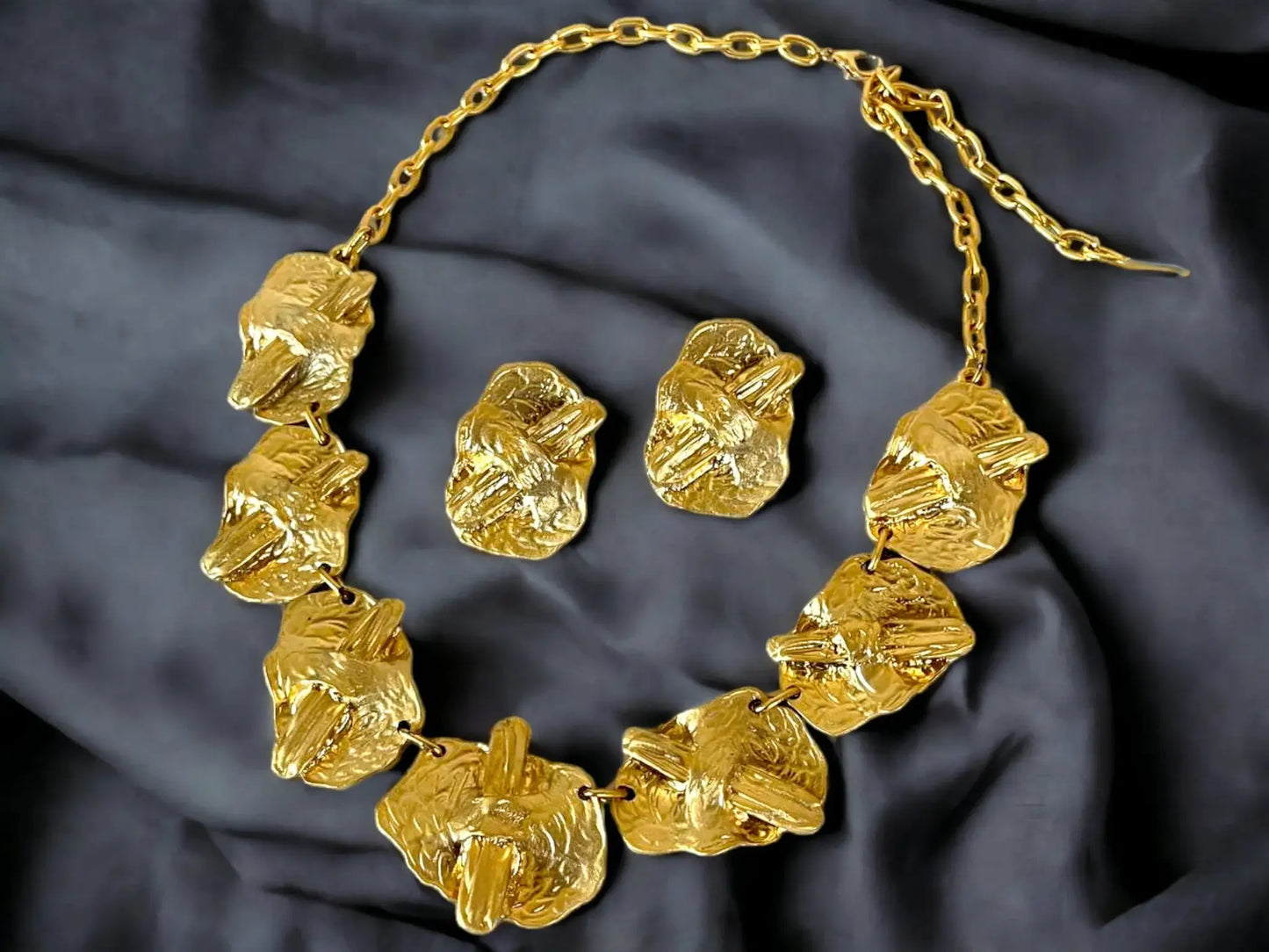 Gold Plated Choker Set – Chunky Statement Necklace & Textured Earrings, Handmade by Glam Duchess (18-k-gold-plated-textured-chunky-statement-choker-necklace-earrings-set)
