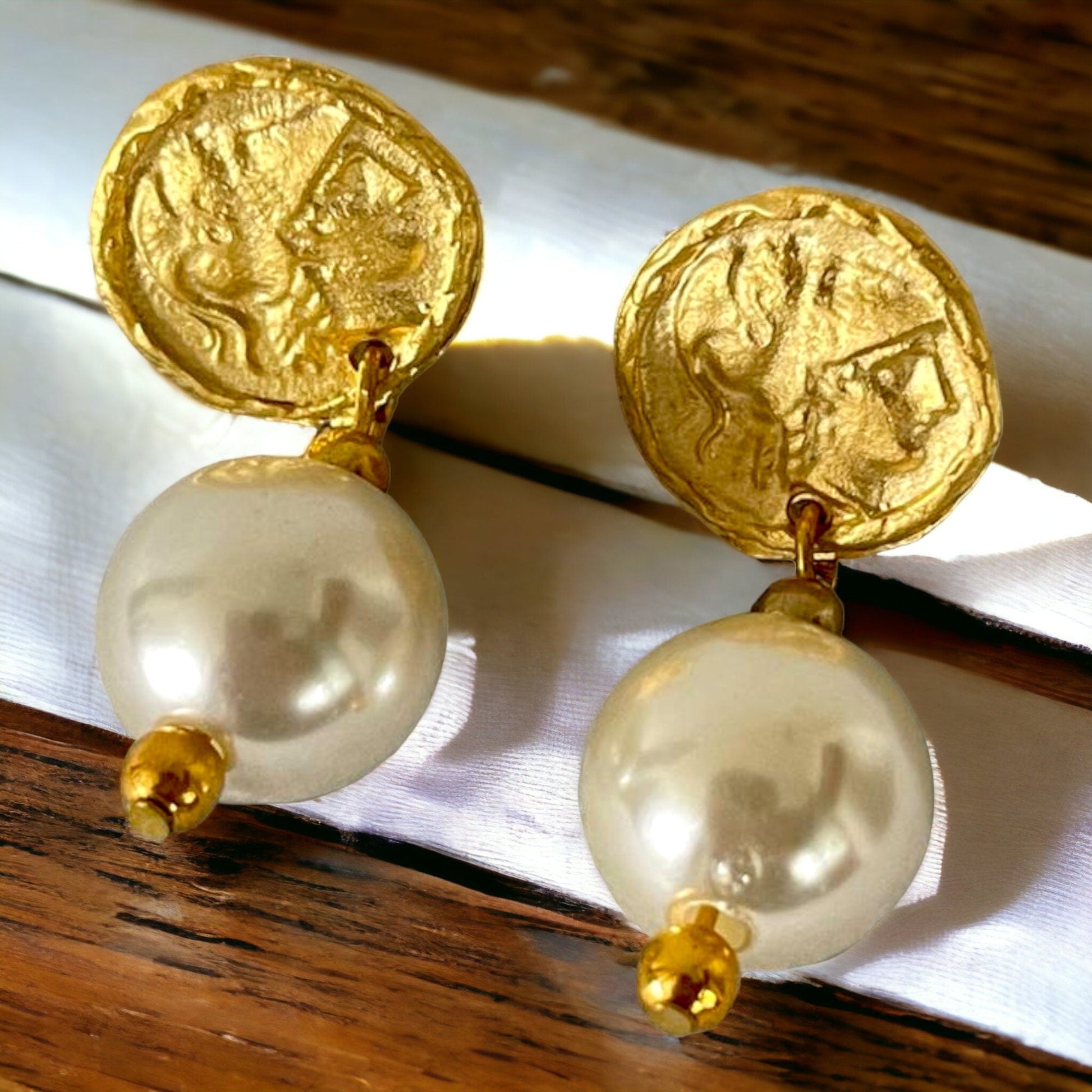 Gold Plated Pearl Dangle Earrings - Handmade Byzantine Greek Coin Drop Earrings, Handmade In Turkey - Glam Duchess