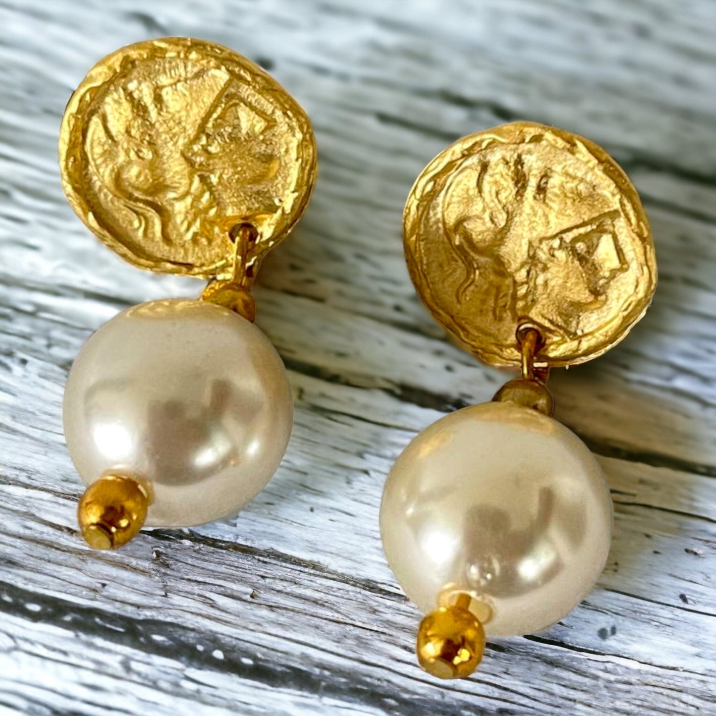 Gold Plated Pearl Dangle Earrings - Handmade Byzantine Greek Coin Drop Earrings, Handmade In Turkey - Glam Duchess