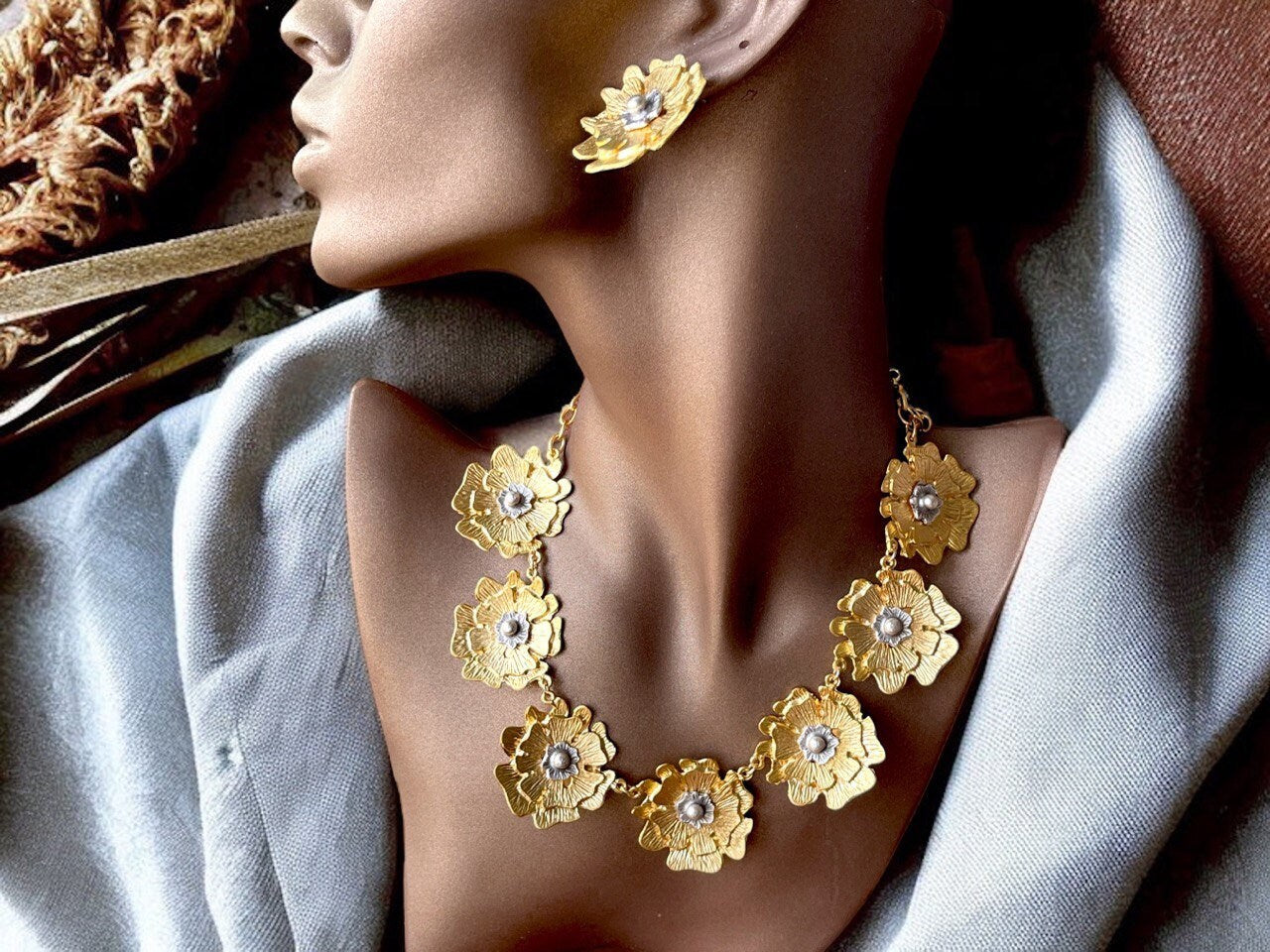 Gold Plated Flower Necklace Earrings Set - Handmade Unique Jewelry Gift for Her, Handmade In Turkey - Glam Duchess