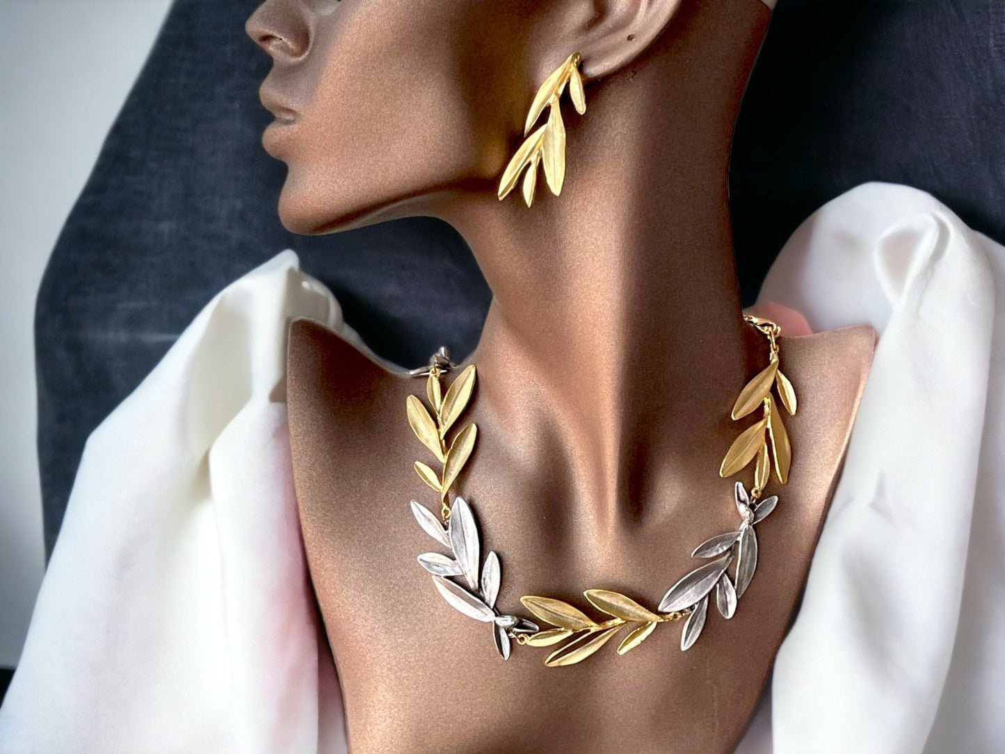 Gold Plated Olive Leaf Jewelry Set - Bohemian Necklace and Earrings Unique Gift, Handmade In Turkey - Glam Duchess