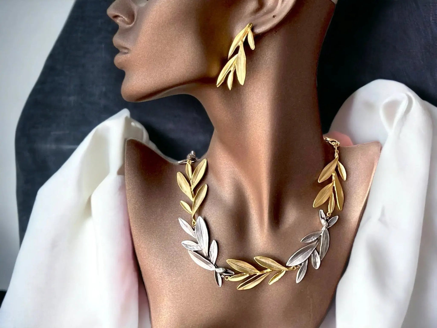 Gold Plated Jewelry Set – Bohemian Necklace & Olive Leaf Earrings, Handmade Gift by Glam Duchess (gold-plated-olive-leaf-jewelry-set-necklace-earrings-set-bohemian-gold-silver-statement-choker-necklace-set-unique-personalized-gift)
