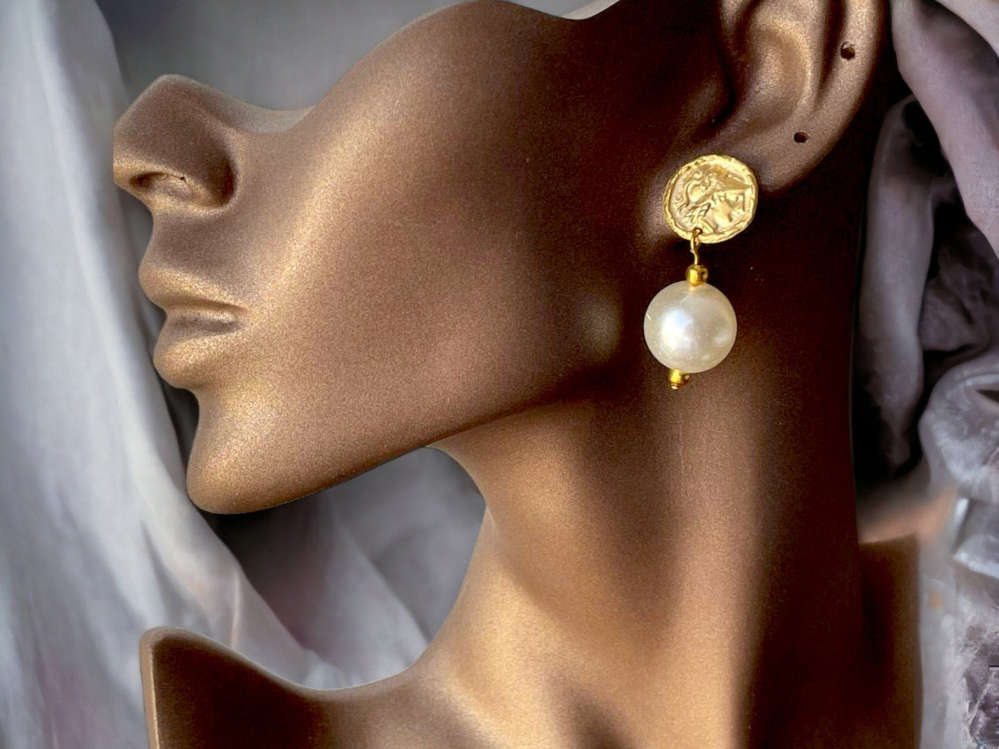 Gold Plated Pearl Dangle Earrings - Handmade Byzantine Greek Coin Drop Earrings, Handmade In Turkey - Glam Duchess