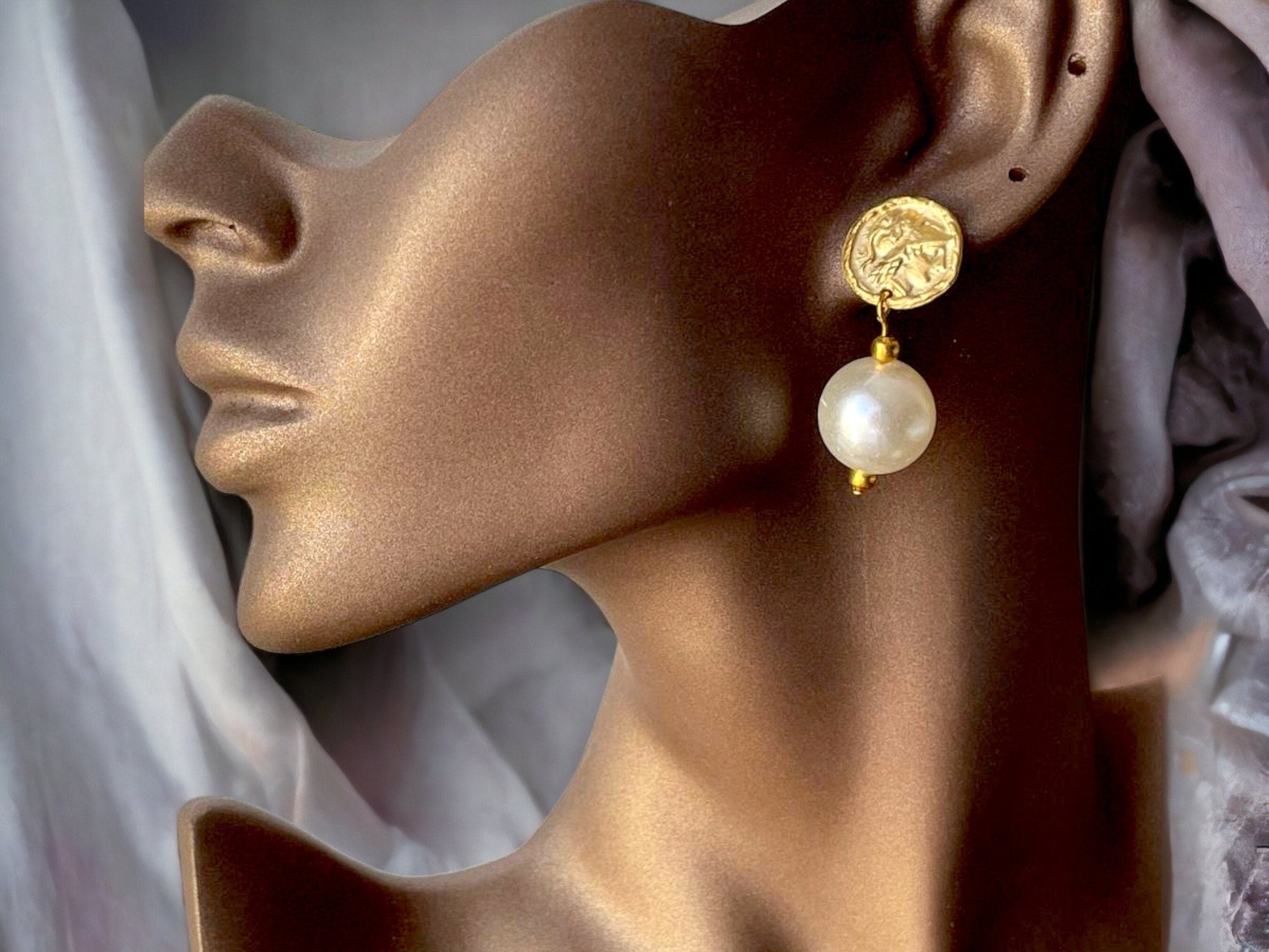 Gold Plated Pearl Dangle Earrings - Handmade Byzantine Greek Coin Drop Earrings, Handmade In Turkey - Glam Duchess