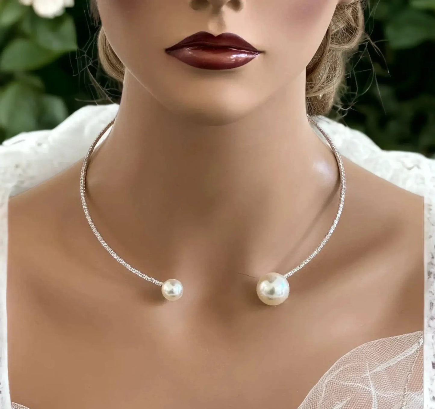 Pearl Choker Necklace – Elegant Wedding Choker With Crystal Pearl & Rhinestone Collar by Glam Duchess (crystal-pearl-open-choker-collar-wedding-jewelry)