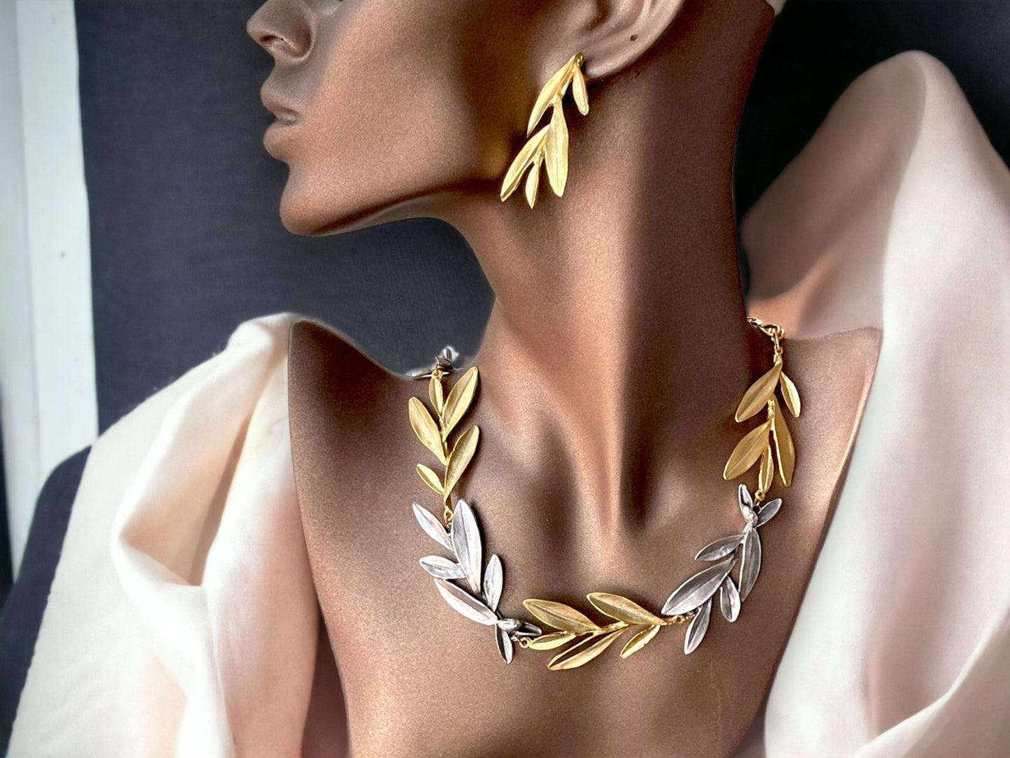 Gold Plated Olive Leaf Jewelry Set - Bohemian Necklace and Earrings Unique Gift, Handmade In Turkey - Glam Duchess