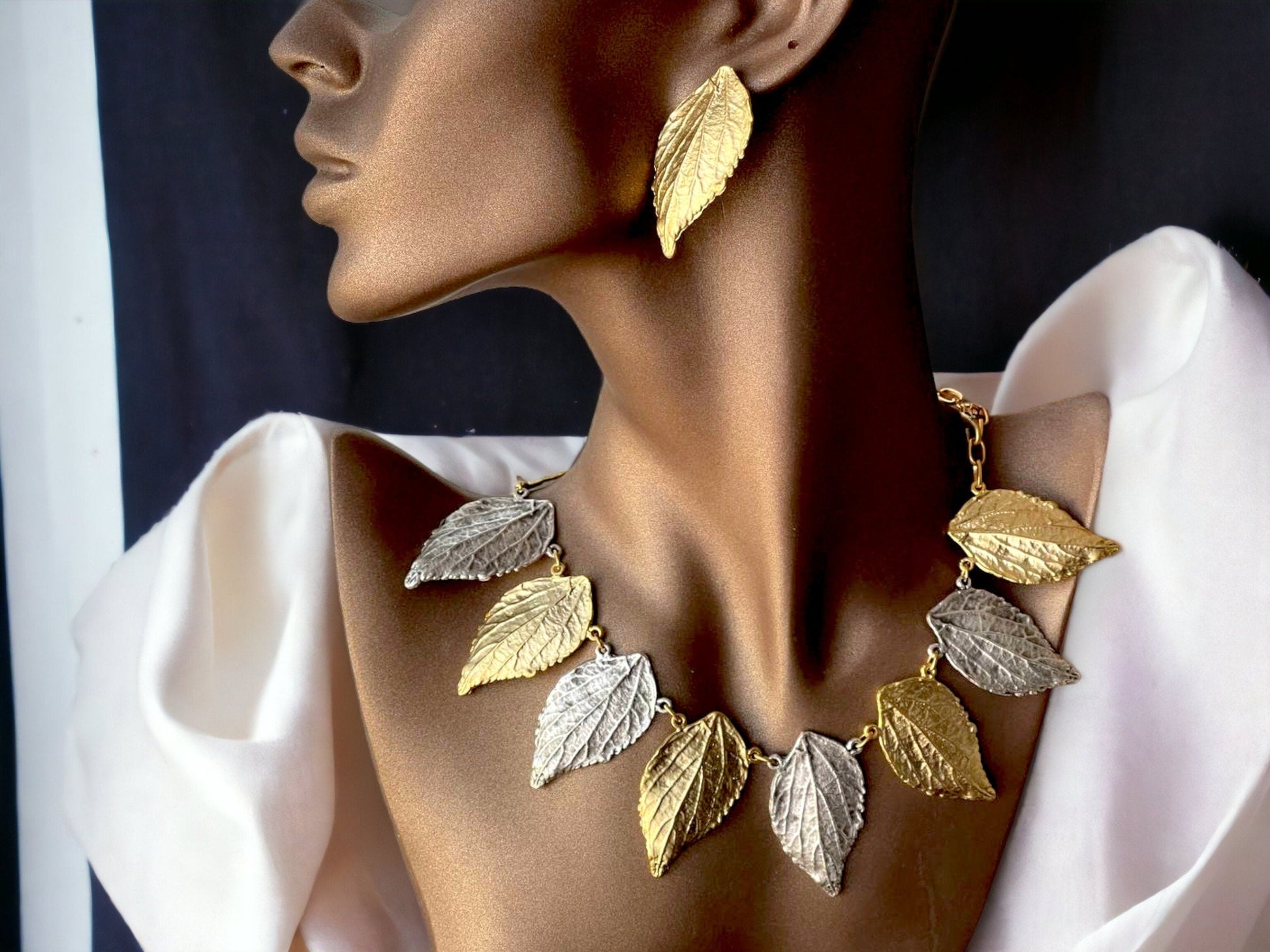Gold Plated Leaf Necklace and Earrings Set - Modern Bohemian Jewelry Gift, Handmade In Turkey - Glam Duchess