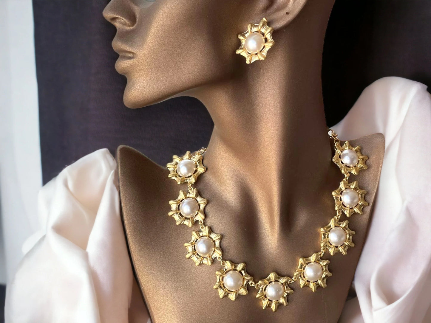 Elegant Gold and Pearl Statement Necklace and Earrings Jewelry Set - Glam Duchess