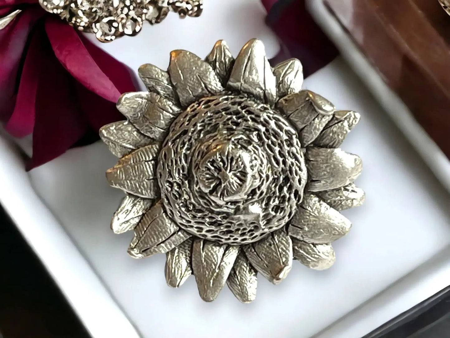 Silver Plated Chunky Ring – Adjustable Sunflower Big Ring | Handmade Boho Jewelry Gift by Glam Duchess (silver-plated-adjustable-chunky-rings-sunflower-unique-handmade-boho-big-rings-unique-statement-jewelry-trendy-gift-for-her)