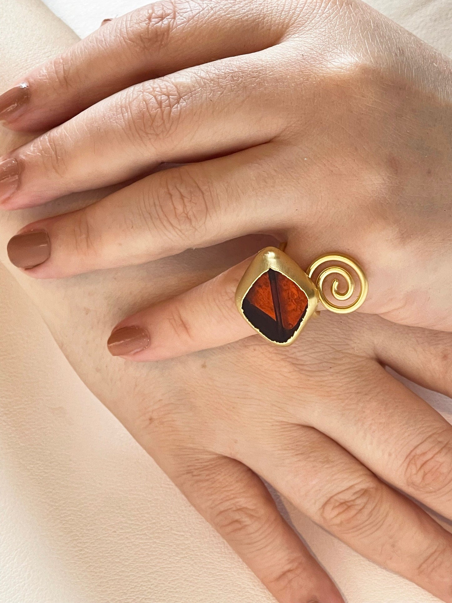 Gold Plated Glass Statement Ring - Adjustable Unique Handmade Roman Boho Jewelry