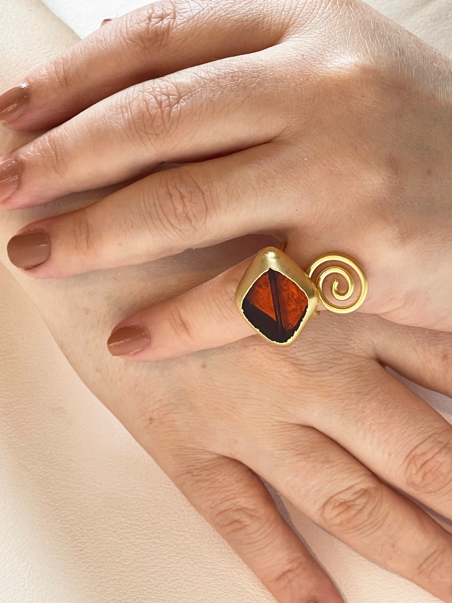 Gold Plated Glass Statement Ring - Adjustable Unique Handmade Roman Boho Jewelry, Handmade In Turkey - Glam Duchess