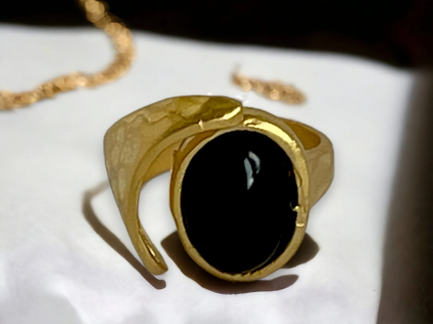 Handmade Roman Inspired Black Stone Gold Ring - Bohemian Style Red Gemstone - Gold Plated Adjustable Ring - Stylish Birthday Gift for Her, Handmade In Turkey - Glam Duchess