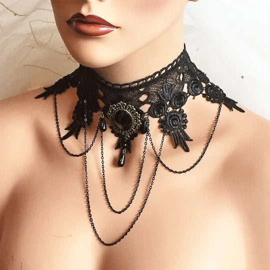 Victorian Gothic Choker Necklace - Black Lace Wedding Jewelry - Glam Duchess