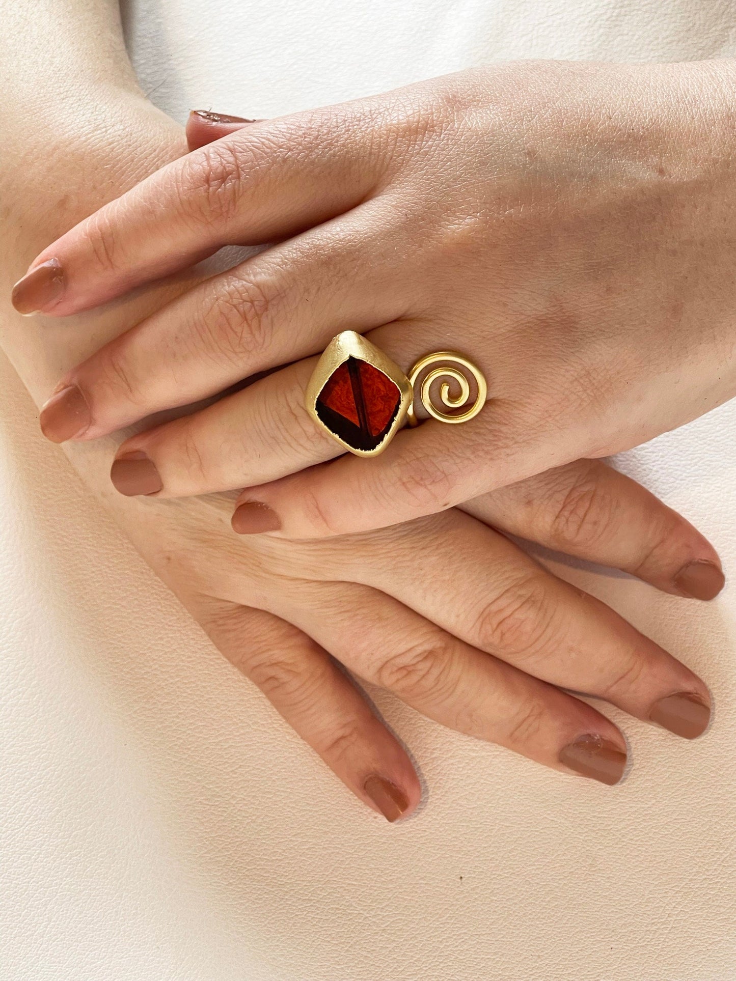 Gold Plated Glass Statement Ring - Adjustable Unique Handmade Roman Boho Jewelry