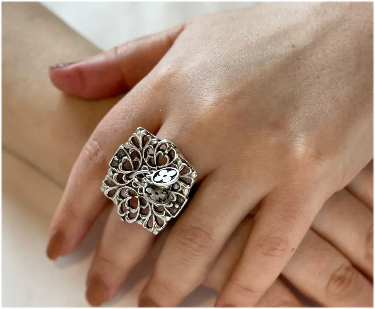 Handmade Silver Plated Statement Ring, Bohemian Handcrafted Big Silver Ring, Adjustable Chunky Rings, Perfect for Stylish Accessorizing, Handmade In Turkey - Glam Duchess