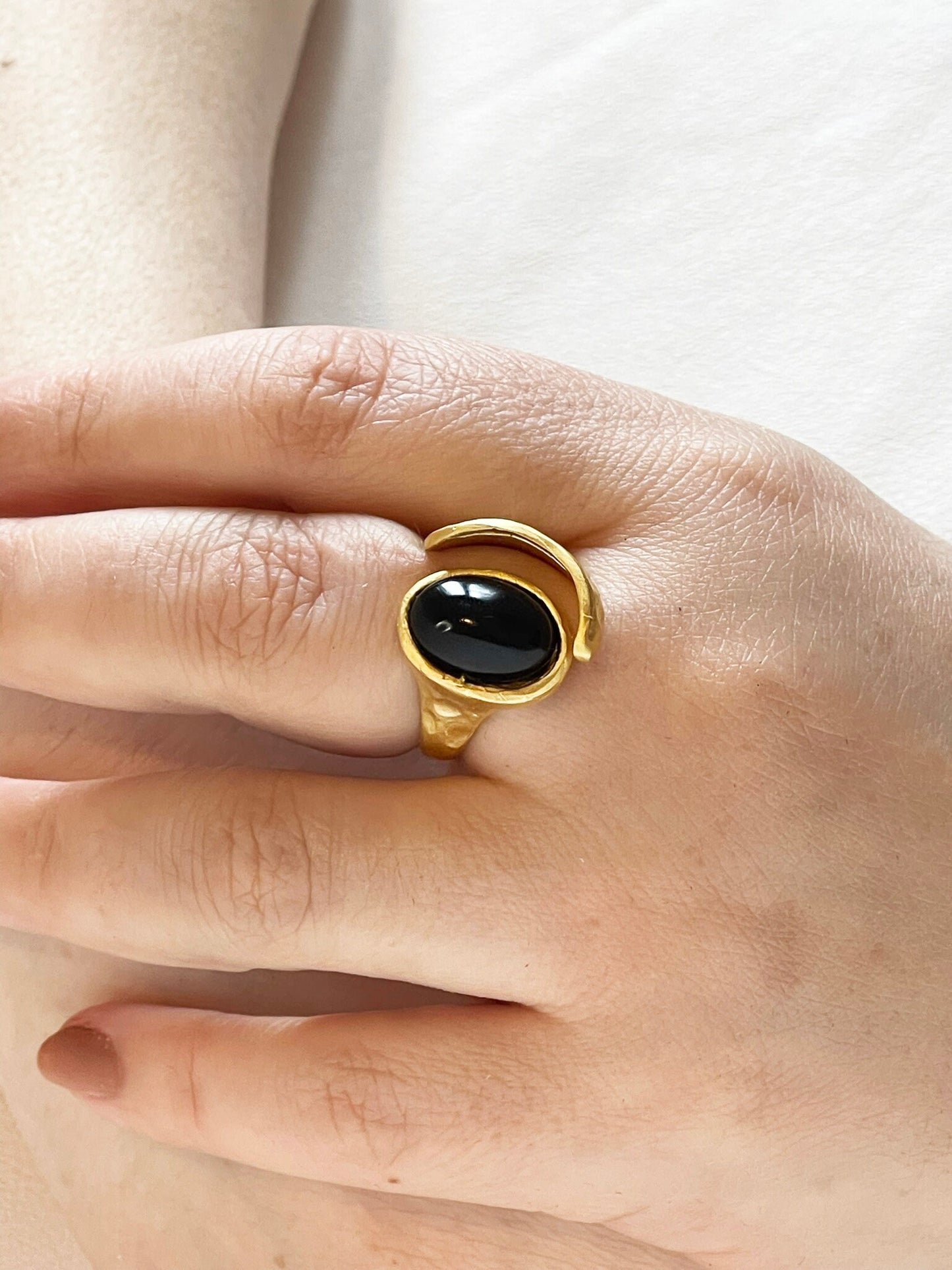 Handmade Roman Inspired Black Stone Gold Ring - Bohemian Style Red Gemstone - Gold Plated Adjustable Ring - Stylish Birthday Gift for Her