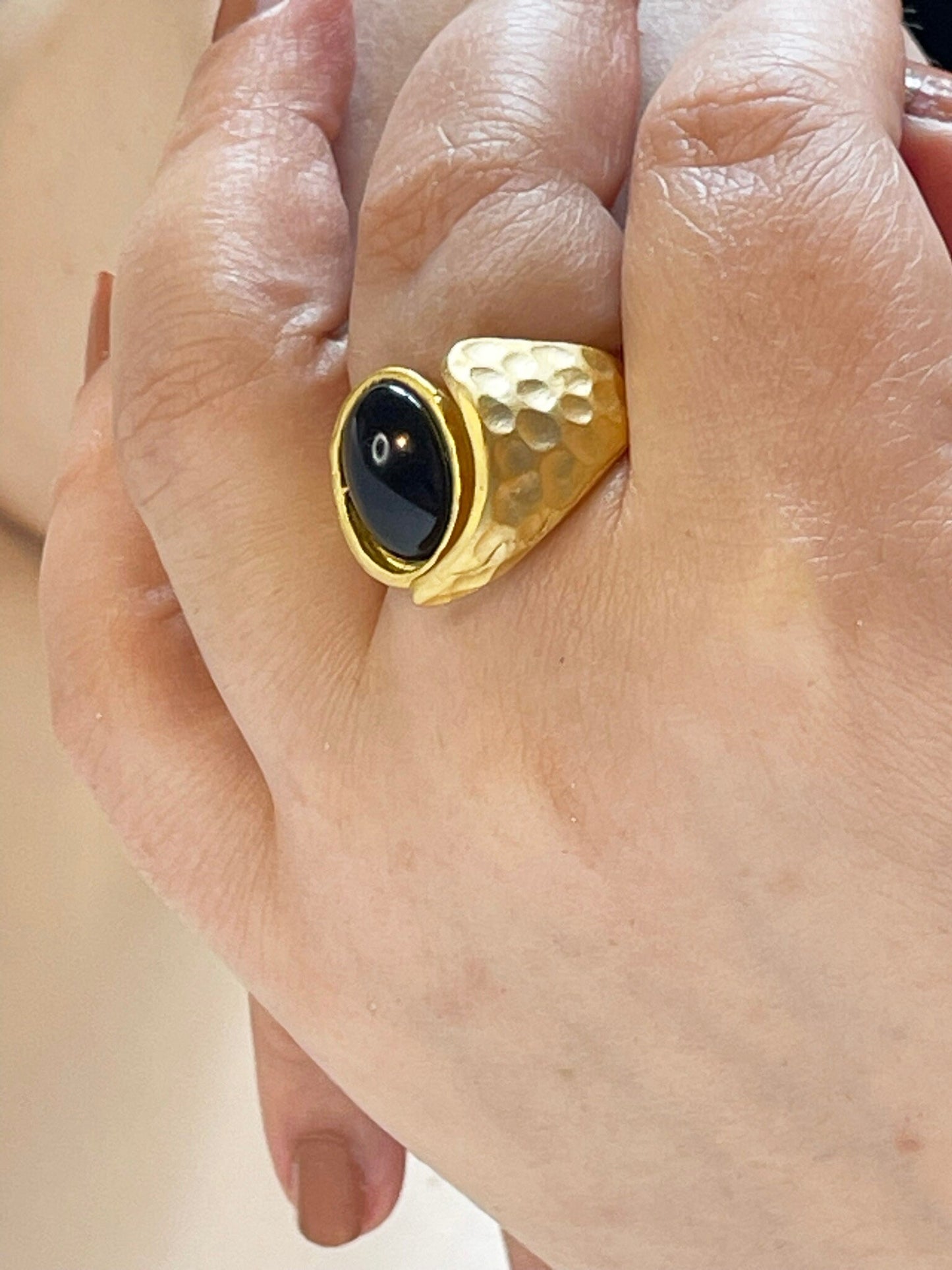Handmade Roman Inspired Black Stone Gold Ring - Bohemian Style Red Gemstone - Gold Plated Adjustable Ring - Stylish Birthday Gift for Her