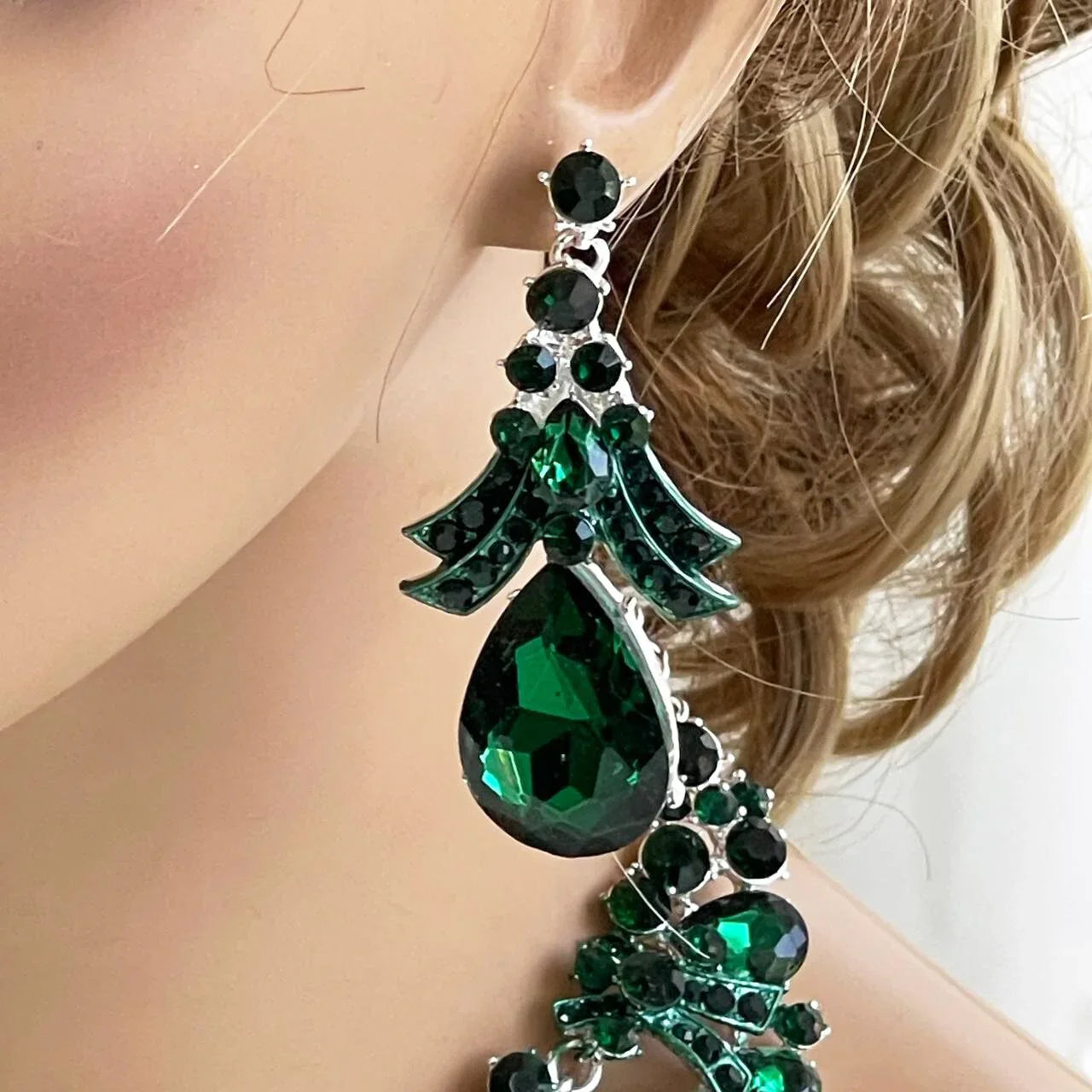Emerald Green Teardrop Stone Collar Necklace & Earring, Evening Jewelry Set - Glam Duchess