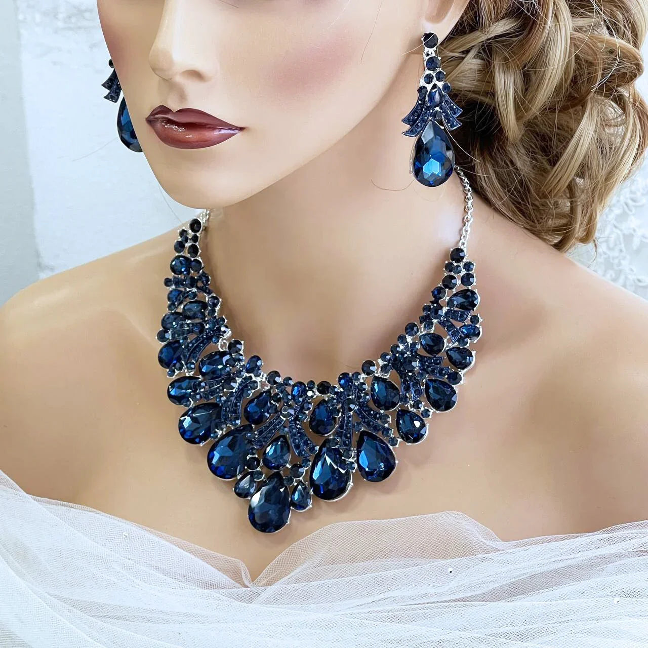 Blue Crystal Teardrop Stone Collar Necklace & Earring, Evening Jewelry Set - Glam Duchess