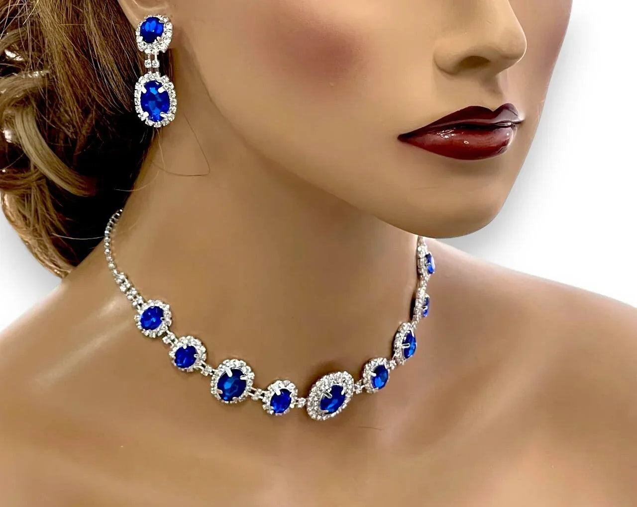 Royal Blue Rhinestone Necklace and Earring Set - Glam Duchess