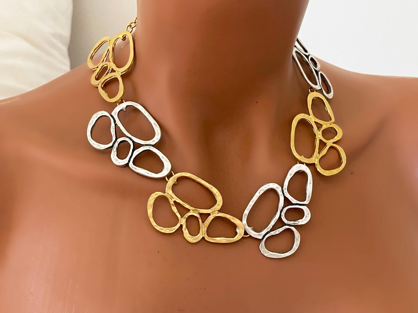 Gold Plated Chunky Necklace Earrings Set - Two Tone Geometric Minimalist Jewelry, Handmade In Turkey - Glam Duchess
