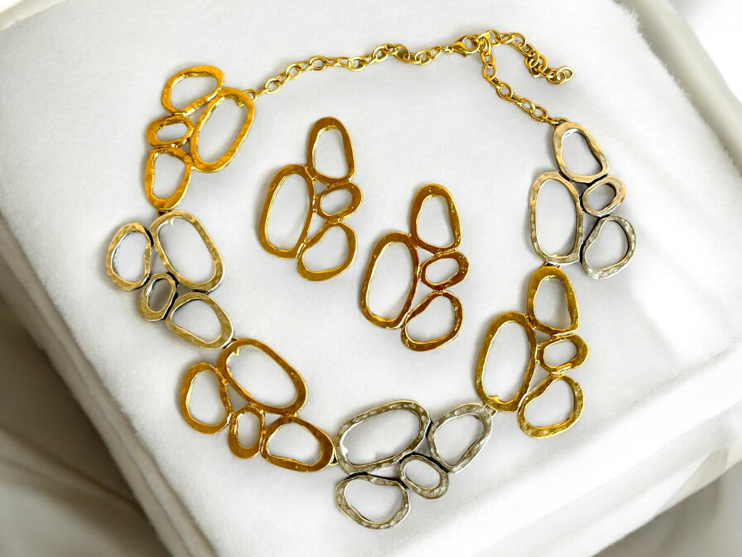 Gold Plated Chunky Necklace Earrings Set - Two Tone Geometric Minimalist Jewelry, Handmade In Turkey - Glam Duchess