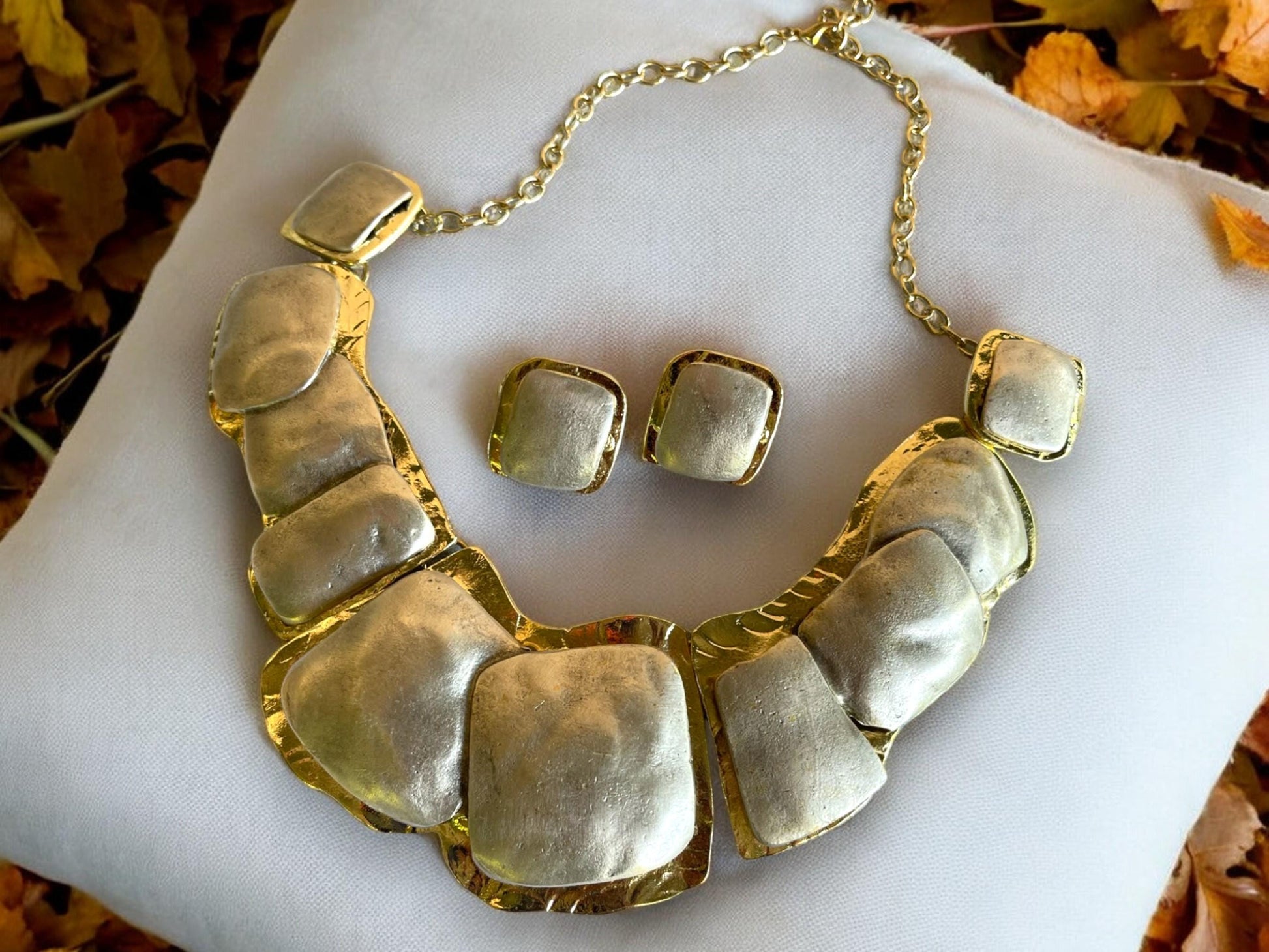 Gold Plated Minimalist Necklace and Earrings Set - Chunky Two Tone Jewelry for Summer Fashion, Handmade In Turkey - Glam Duchess