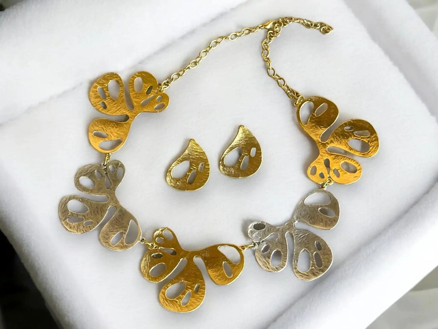 Gold Plated Necklace Set – Two Tone Chunky Jewelry Set with Adjustable Length by Glam Duchess (gold-plated-necklace-earrings-set-minimalist-two-tone-chunky-jewelry-set-gold-silver-leaf-necklace-set-handmade-birthday-gift-for-her)