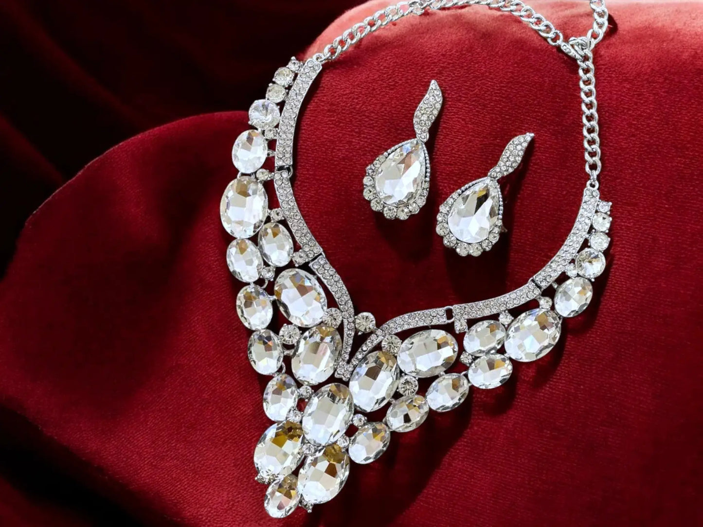Crystal Statement Necklace - Bridal Jewelry Set With Teardrop Earrings, Adjustable Length by Glam Duchess (purple-crystal-statement-necklace-earrings-set-bridal-evening-jewelry-copy)
