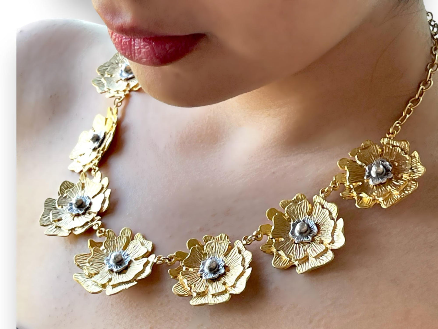 Gold Plated Flower Necklace Earrings Set - Handmade Unique Jewelry Gift for Her, Handmade In Turkey - Glam Duchess