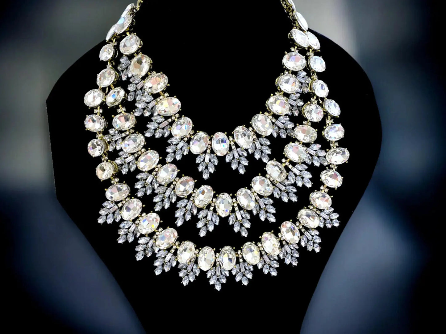 Chunky Crystal Necklace | Formal Event Jewelry Statement With Adjustable Clasp & Glamorous Bib Design by Glam Duchess (marquise-stone-cluster-vine-drag-queen-chunky-crystal-bib-necklace-earrings-statement-jewelry-set)