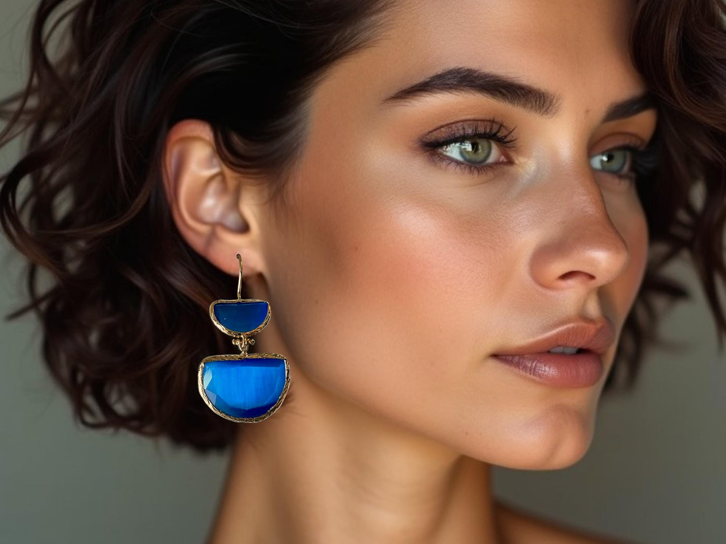 Gold Plated Blue Cats Eye Drop Earrings - Handmade Colorful Minimalist Jewelry, Handmade In Turkey - Glam Duchess