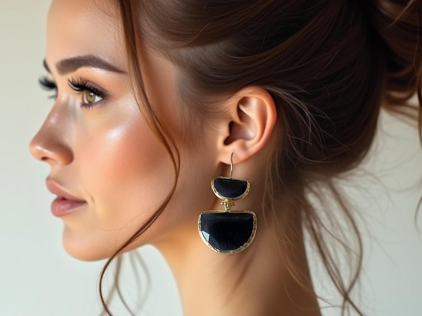 Gold Plated Black Cats Eye Drop Earrings - Handmade Pink Black Modern Jewelry, Handmade In Turkey - Glam Duchess