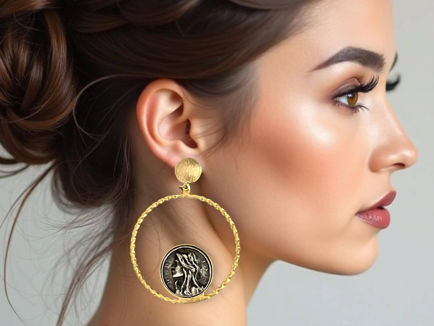 Gold Plated Pearl Hoop Earrings - Handmade Geometric Infinity Loop Design with Roman Coin Accents, Handmade In Turkey - Glam Duchess