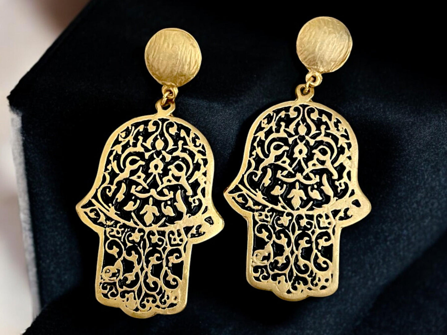 Gold-plated Turkish Dangle Earrings - Handmade Fatima Hand Hamsa Design, Handmade In Turkey - Glam Duchess