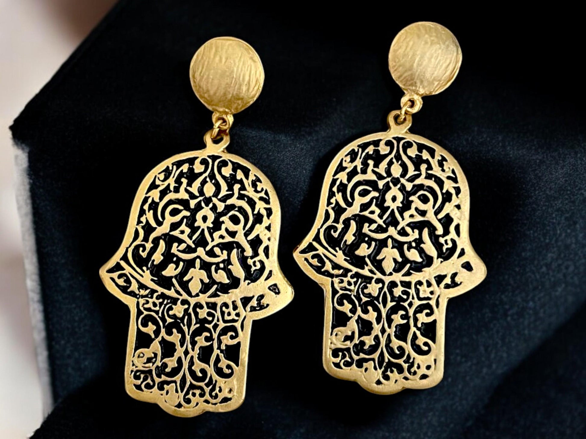Gold-plated Turkish Dangle Earrings - Handmade Fatima Hand Hamsa Design, Handmade In Turkey - Glam Duchess