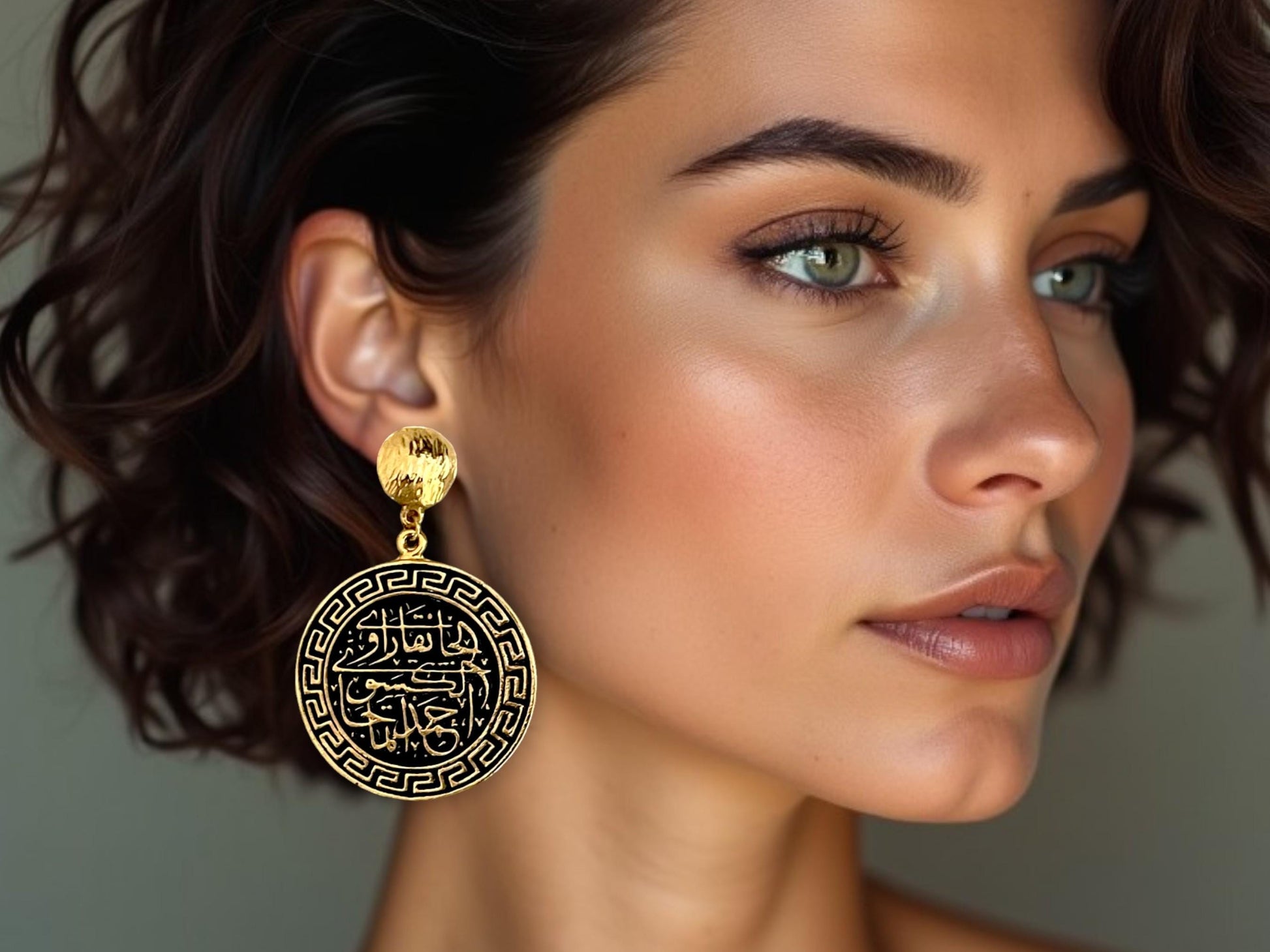 Gold Plated Turkish Calligraphy Drop Earrings - Handmade Medallion Roman Coin Design, Handmade In Turkey - Glam Duchess