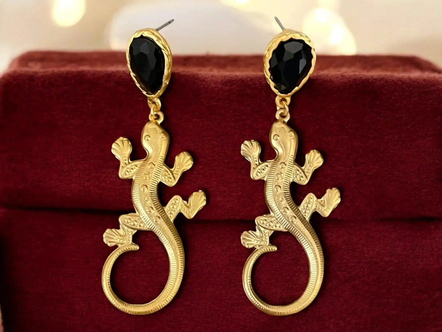 Gold Plated Earrings - Handmade Gold Gecko Dangle With Black Crystal, Lightweight by Glam Duchess (gold-plated-black-crystal-gecko-dangle-earrings-bold-lizard-animal-inspired-earrings-jewelry-matte-gold-handmade-in-turkiye-gift-for-her)