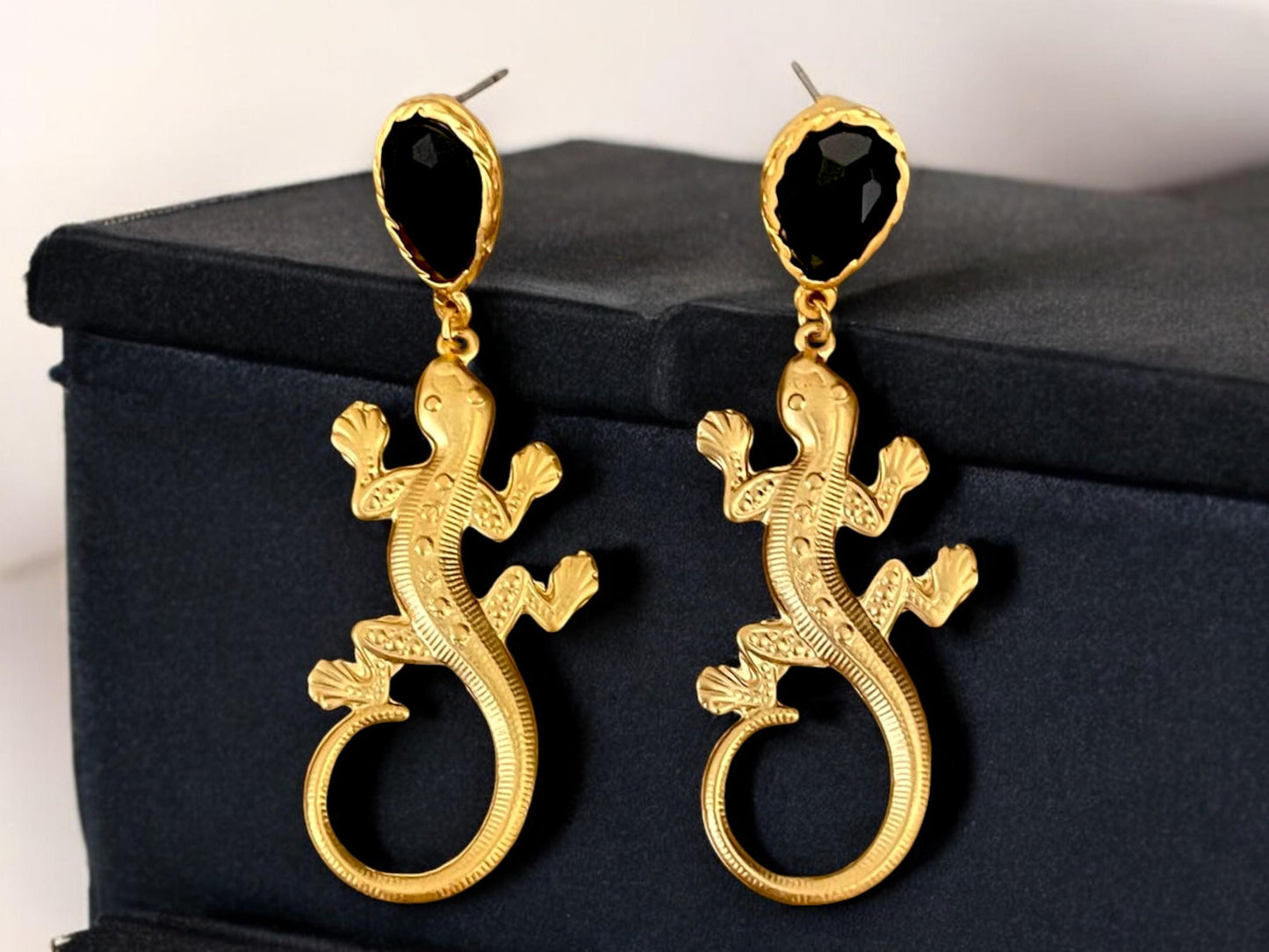 Gold Plated Gecko Dangle Earrings - Black Crystal Animal-Inspired Jewelry, Handmade In Turkey - Glam Duchess