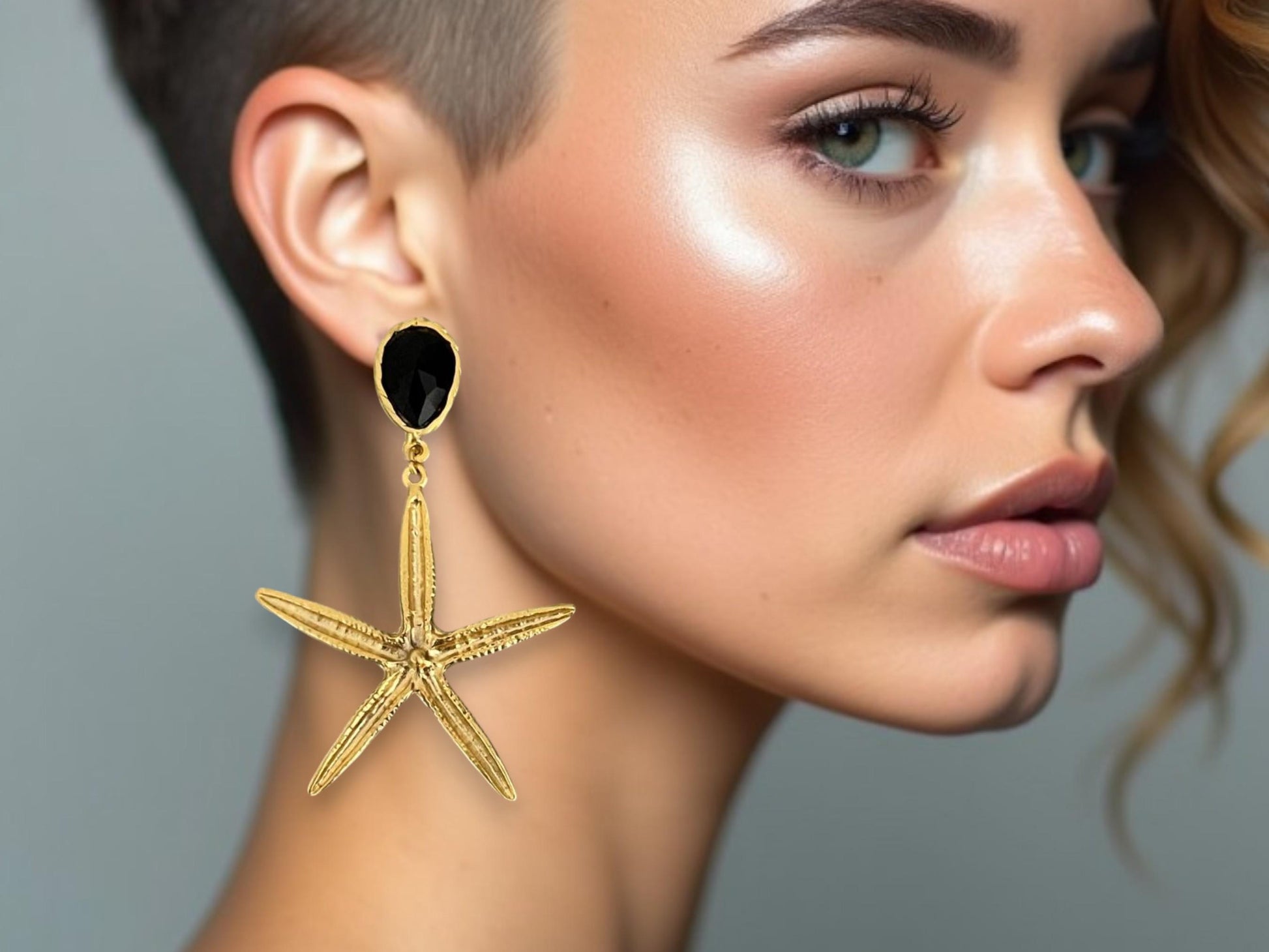 Gold Plated Starfish Dangle Earrings - Chunky Crystal Nautical Beach Boho Jewelry, Handmade In Turkey - Glam Duchess