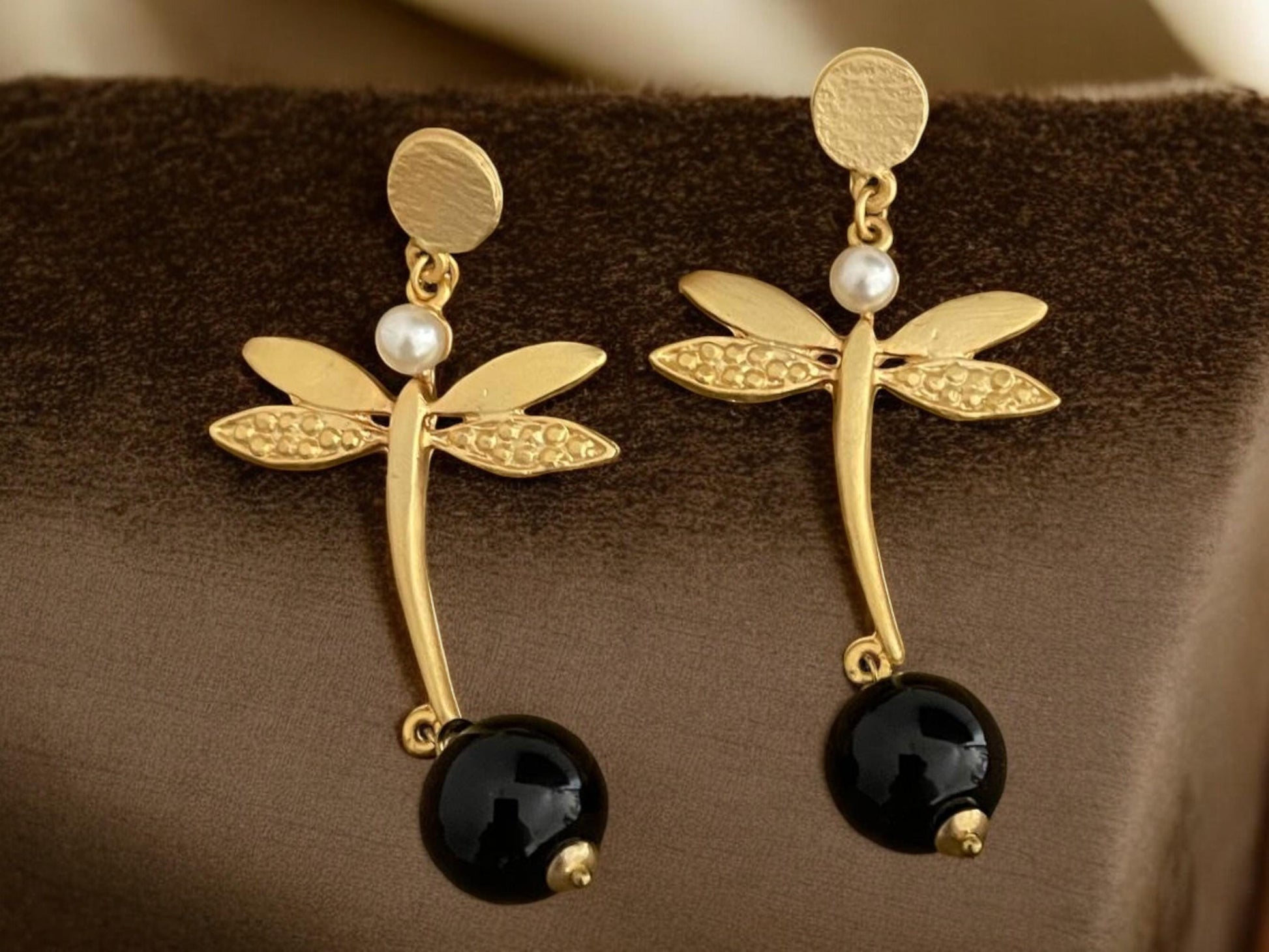 Gold Dragonfly Dangle Earrings - Handmade Black Onyx Pearl Accent Jewelry from Turkiye, Handmade In Turkey - Glam Duchess